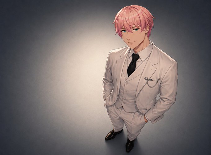 An anime-style illustration of a smiling man with pink hair and green eyes wearing a white doctor's suit and tie, with a stethoscope in his pocket.