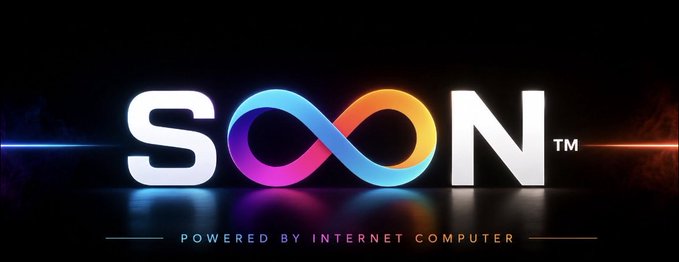 A digital logo spelling "SOON" with an infinity symbol replacing the "O", displayed with colorful glowing effects and the tagline "POWERED BY INTERNET COMPUTER" below it.