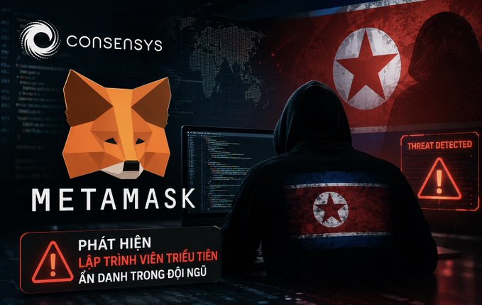 ConsenSys MetaMask security alert graphic in Vietnamese, depicting a hooded hacker with North Korean flag imagery, warning of a detected threat with 'PHÁT HIỆN LẬP TRÌNH VIÊN TRIỆU TIÊN ẨN DANH TRONG ĐỘI NGŨ' text.
