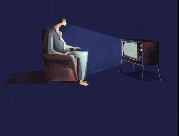 A solitary figure sits hunched in an armchair, bathed in the cool glow of an old-fashioned television set against a dark blue background, evoking a sense of late-night isolation. The image pairs with the caption "Gmgm," suggesting a quiet, perhaps monotonous moment of media consumption.