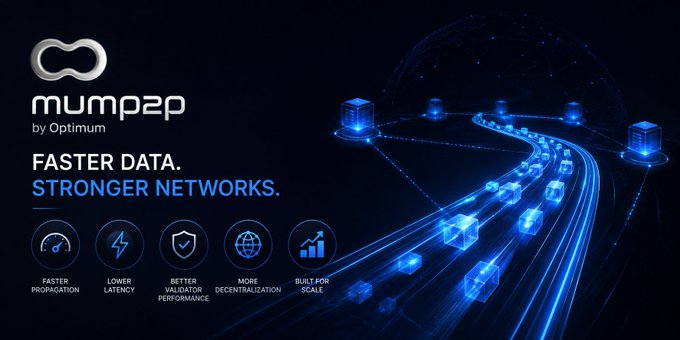 A promotional banner for 'mump2 by Optimus' reads 'FASTER DATA. STRONGER NETWORKS.' and lists benefits including faster propagation, lower latency, better validator performance, more decentralization, and built for scale.