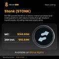 The image shows a price listing for the meme coin Stonk ($STONK) on a crypto tracking platform, displaying a market cap of $164.66M, 24-hour volume of $52.64M, and a 9.20% price change. It directly supports the post's claim that $STONK has hit an all-time high with notable momentum, showcasing the current trading metrics driving the rally.