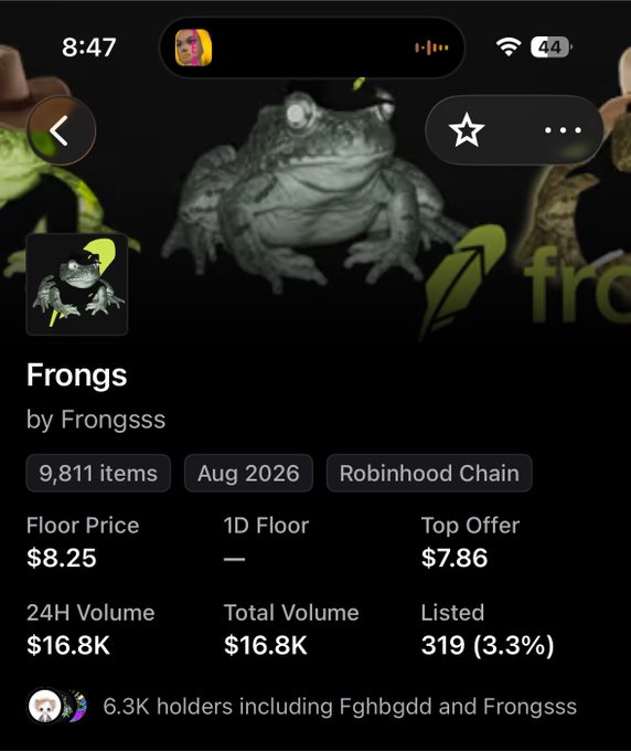 A screenshot of a mobile NFT collection page displays the 'Frongs' collection by Frongsss on Robinhood Chain, showing 9,811 items with a floor price of $8.25 and 24H volume of $16.8K.