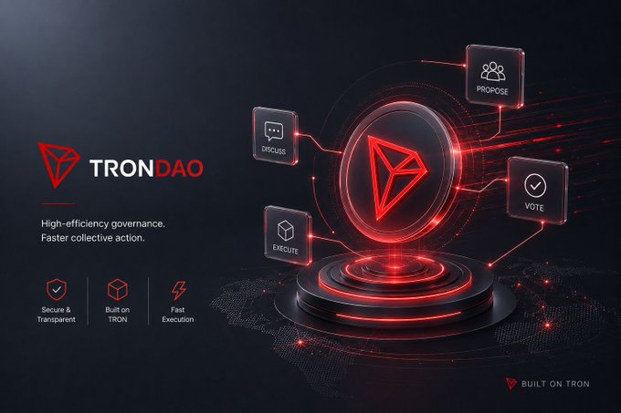 A promotional graphic for TRON DAO highlighting 'High-efficiency governance. Faster collective action,' featuring a glowing red TRON logo and icons for Propose, Vote, Discuss, and Execute stages.