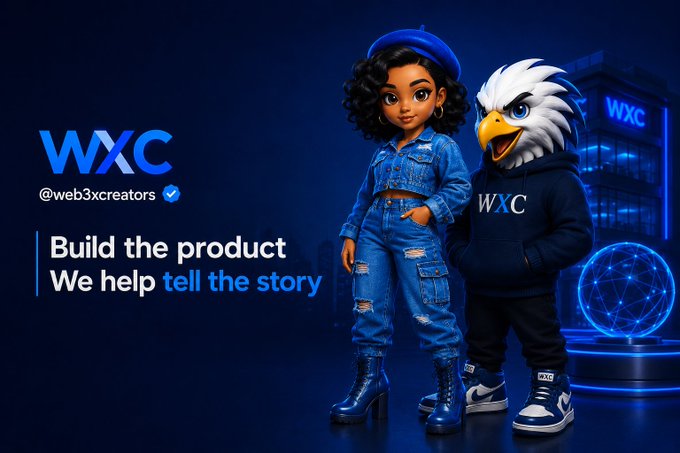 Promotional banner for WXC (@web3xcreators) featuring a cartoon woman in a denim outfit and an eagle mascot, with the tagline 'Build the product We help tell the story.'