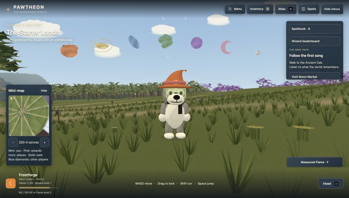 A screenshot of the Pawtheon metaverse game featuring a character wearing an orange wizard hat standing in "The Starter Lands" area with a minimap showing 320m across and various spellbook quests listed on the right.
