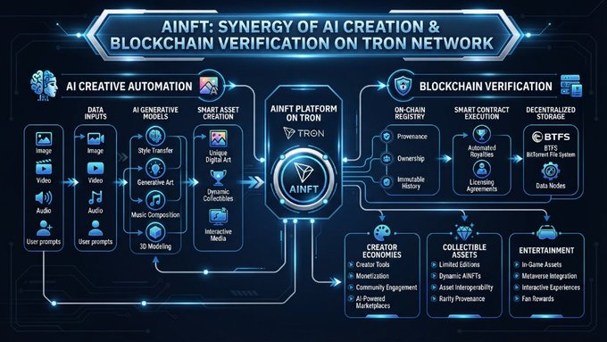 The image is an infographic titled "AINFT: Synergy of AI Creation & Blockchain Verification on Tron Network," illustrating how AI generative models and data inputs feed into an AINFT platform on the TRON blockchain for smart asset creation, on-chain registry of provenance and ownership, and decentralized storage via BTFS. It visually maps the post's theme of combining AI's creative automation with blockchain's transparency and verifiable ownership, showing applications across creator economies, collectible assets, and entertainment.