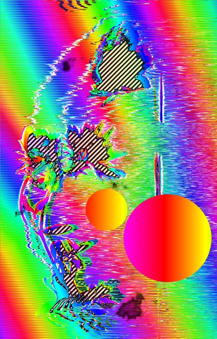 A heavily glitched and distorted image with rainbow streaks, black-and-white striped shapes, and two orange gradient spheres against a psychedelic background.