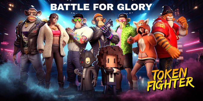 A promotional poster titled 'BATTLE FOR GLORY' for 'TOKEN FIGHTER,' featuring a lineup of stylized anthropomorphic and pixel-art characters.