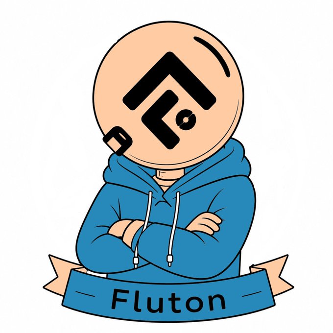 Cartoon logo of a bald character in a blue hoodie with crossed arms featuring the Flutter logo as the face, with a banner below reading 'Fluton'.