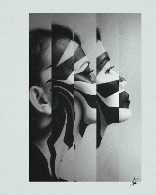 The image features a black and white photo of a woman's face, which has been split into three sections by vertical lines. The top section shows her hair, while the middle section displays her eyes, and the bottom section reveals her lips. The caption below the image reads "Gm. Paradox. Sec on #tezos #SMAcollection". This suggests that the photo is part of a collection or series related to the artist's work.
