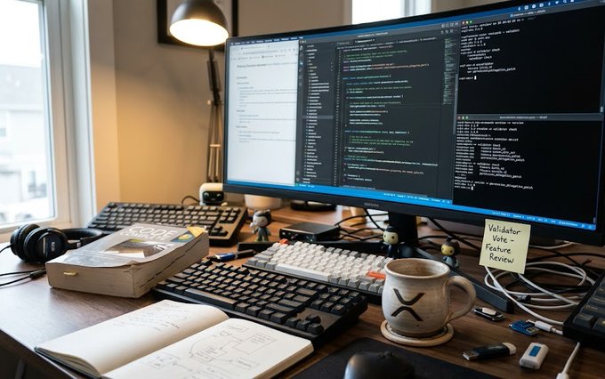 A developer's workspace features a large monitor displaying code in a dark-themed IDE, accompanied by a mechanical keyboard, a book titled 'SCOPE', a notebook with sketches, a coffee mug with an 'X' logo, and a sticky note reading 'Validator Vote - Picture Review'.