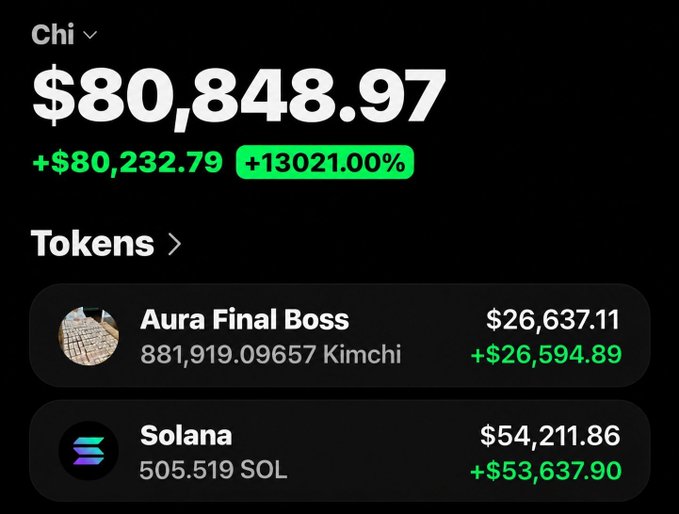 A dark interface labeled “Chi” shows “$80,848.97,” “+$80,232.79,” and “+13021.00%,” with token entries “Aura Final Boss” worth “$26,637.11” and “Solana” worth “$54,211.86.”