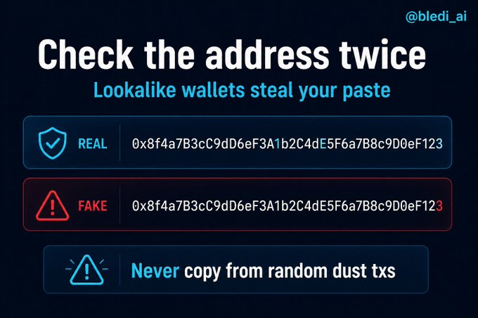 The image is a security warning titled "Check the address twice" with the subtitle "Lookalike wallets steal your paste," showing two nearly identical Ethereum-style wallet addresses labeled "REAL" (0x8f4a7B3cC9dD6eF3A1b2C4dE5F6a7B8c9D0eF123) and "FAKE" (differing only in the final "3" highlighted in red), along with a caution to "Never copy from random dust txs." It visually reinforces the post's advice to verify the first and last characters of a wallet address, as attackers exploit address-copying habits by sending dust transactions from lookalike wallets to trick users into sending funds to the wrong destination.