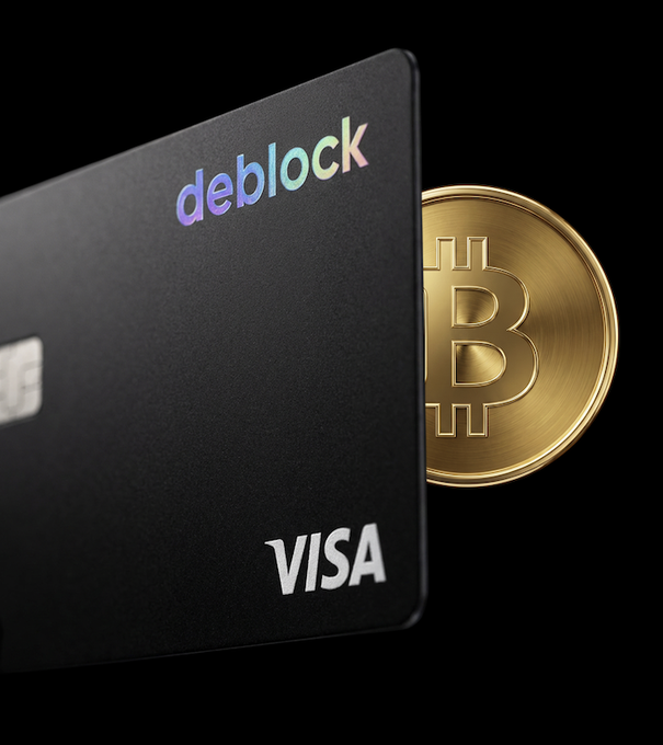 A black 'deblock' branded Visa credit card partially overlaps a gold Bitcoin coin against a black background.