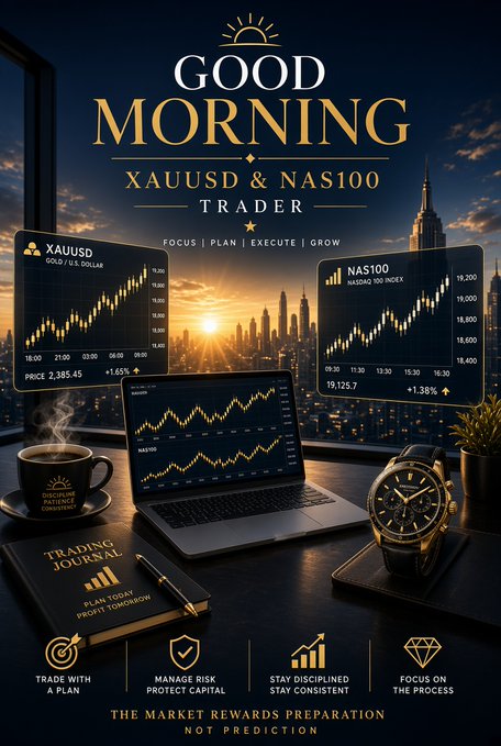 A 'Good Morning' trading graphic displays XAUUSD Gold/U.S. Dollar at price 2,385.45 (+1.65%) and NAS100 Nasdaq 100 Index at 19,125.7 (+1.38%), along with motivational text 'FOCUS | PLAN | EXECUTE | GROW' and 'THE MARKET REWARDS PREPARATION NOT PREDICTION'.