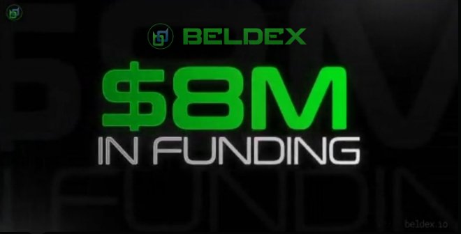 A promotional graphic displaying 'BELDEX' logo with bold text reading '$8M IN FUNDING' against a dark background.