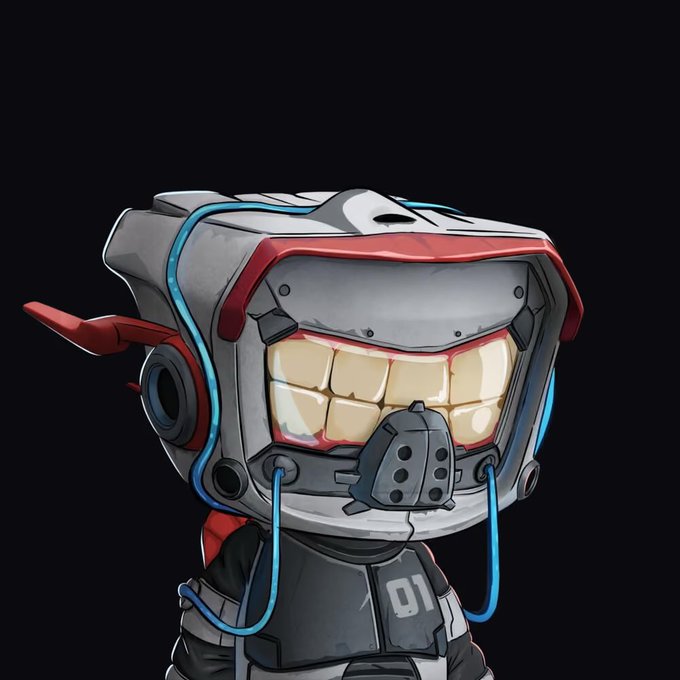 A digital artwork features a robotic character wearing a futuristic helmet with a glowing visor and blue cables.