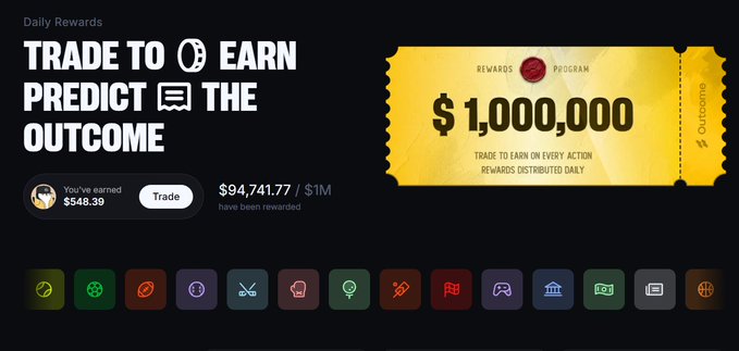 The image shows a "Trade to Earn, Predict the Outcome" promotional banner for the Outcome platform, featuring a $1,000,000 rewards program with $94,741.77 already distributed. It corresponds to the post by showing a user account that has earned $548.39, reflecting the poster's reward earnings from trading activity on Outcome.xyz.