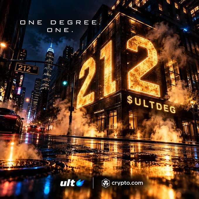A stylized cityscape ad featuring glowing fiery '212' numbers on a building with the text 'ONE DEGREE. ONE.', '$ULTDEG', and logos for 'ult' and 'crypto.com'.