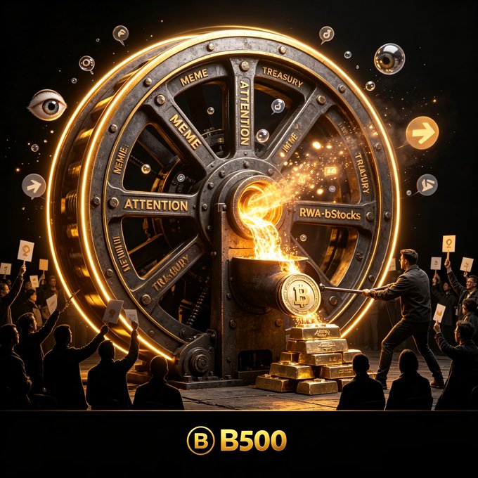Digital artwork depicting a glowing golden vault wheel labeled with terms like 'MEME', 'ATTENTION', and 'TREASURY', with gold pouring out into a Bitcoin pile and a 'B B500' logo below.