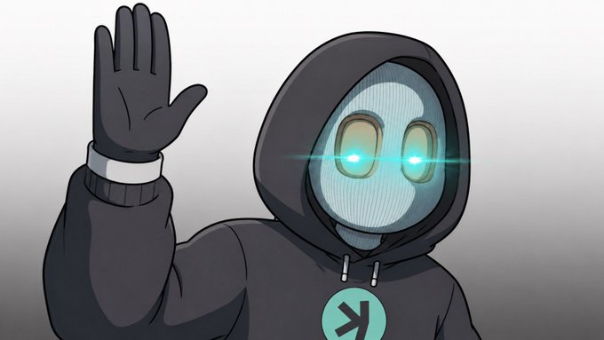 A hooded figure with a glowing digital face waves beside a circular logo featuring a right-pointing arrow, evoking a cryptic, anonymous crypto persona. The image's mysterious, technologically-augmented aesthetic aligns with the post's promotion of crypto giveaways and an invite-only trading Telegram community, reinforcing themes of secrecy and exclusivity in the cryptocurrency space.