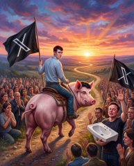 A surreal digital painting depicts a man riding a pink pig, holding a black flag with the X (Twitter) logo, leading a crowd of admirers at sunset.