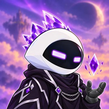 A digital illustration of a hooded, mysterious figure with glowing purple eyes, a white hood, and purple crystalline spikes, holding a floating purple crystal gem.