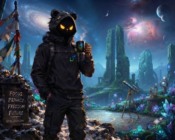 Digital artwork by @BelDevcon showing a figure in a black bear hoodie with glowing yellow eyes holding a mug, set against a cosmic landscape with ancient ruins and the text 'Focus PRIVACY FREEDOM FUTURE.'