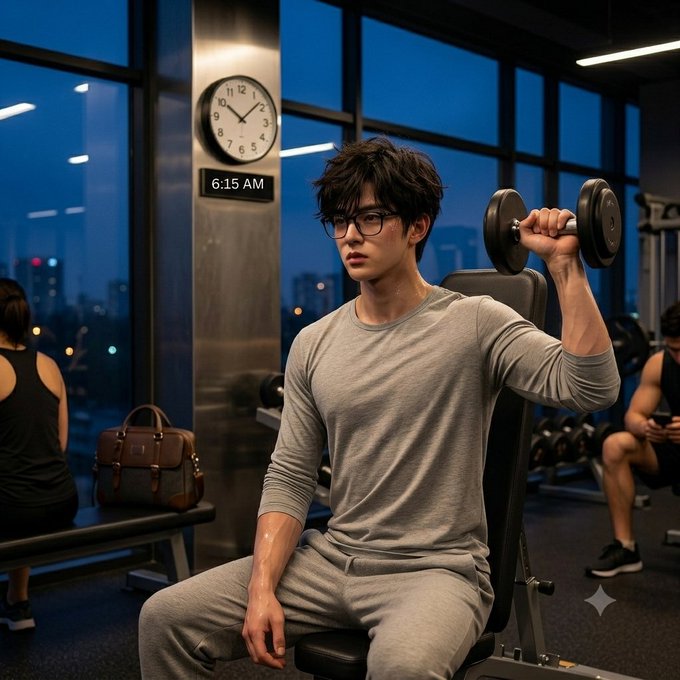 An anime-style illustration of a young man with glasses lifting a dumbbell at a gym at 6:15 AM, with other gym-goers and a city skyline visible through windows.