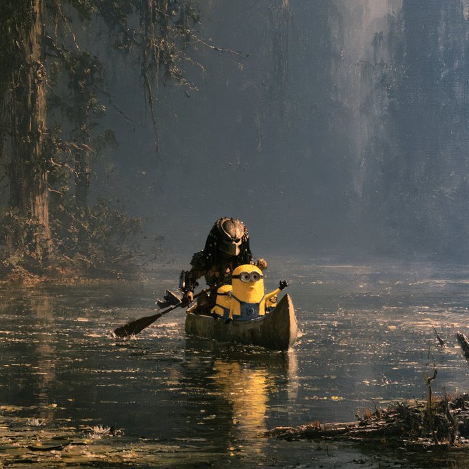 A cinematic scene showing a Predator and a Minion paddling a canoe through a misty, swamp-like forest, with water lilies and trees in the background.