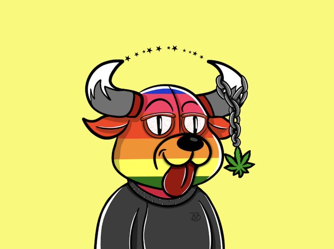 A cartoon dog character with a rainbow-colored face, bull horns, a chain earring with a marijuana leaf, and a black shirt, set against a yellow background.