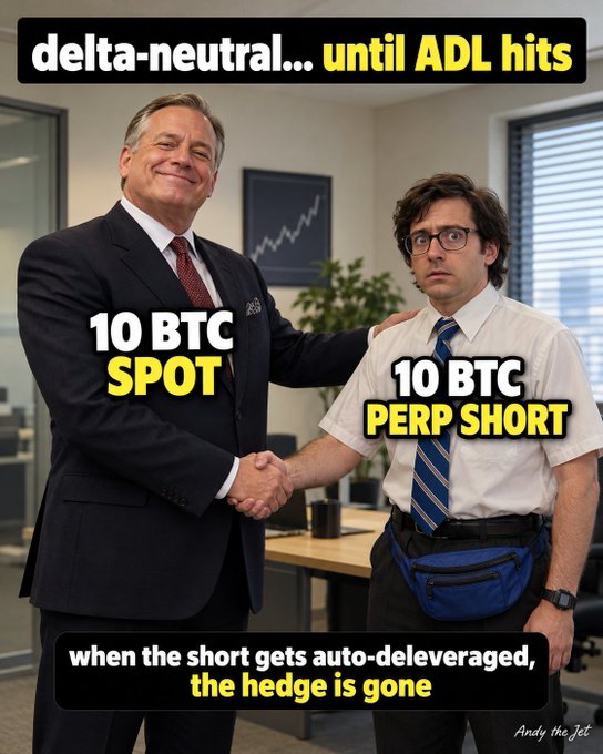 A humorous financial meme showing '10 BTC SPOT' and '10 BTC PERP SHORT' traders shaking hands, illustrating how delta-neutral positions fail when the short gets auto-deleveraged.