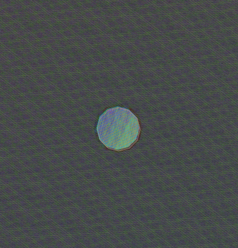 A small, glowing, light-blue polygonal shape floats in the center of a dark, textured green background.