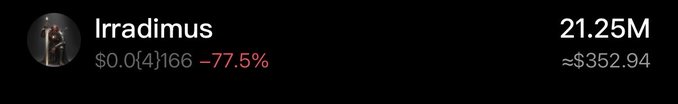 This image displays the token "Irradimus" with a price of $0.0{4}166, down -77.5%, and a market cap of $21.25M valued at approximately $352.94. The post accompanies this image, expressing belief in its future growth despite significant current losses.