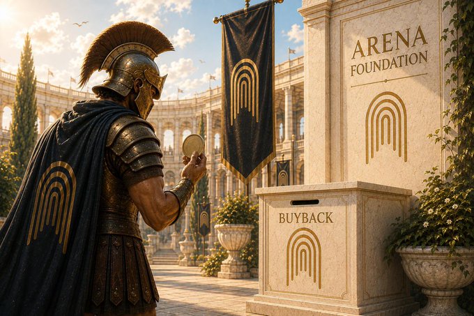 A gladiator in ornate armor stands before stone markers inscribed "ARENA FOUNDATION" and "BUYBACK," holding a coin toward a donation box—visually symbolizing the Foundation's $17,429.86 open-market repurchase of 18,641,562 $ARENA tokens at an average price of $0.000935.
