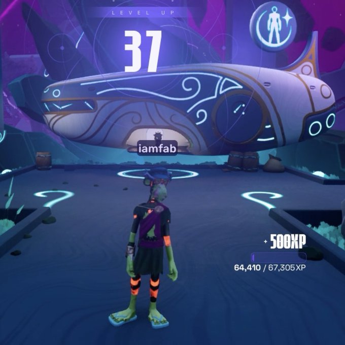 A video game character named 'iamfab' reaches Level 37, gaining 500 XP toward 67,305 XP total, in a stylized purple arena with a large aircraft in the background.