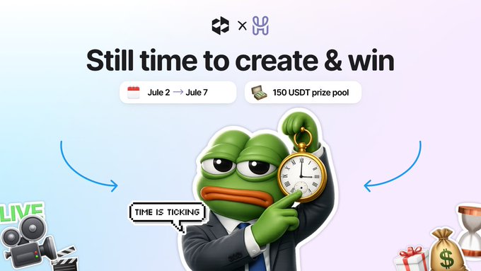 The image is a promotional graphic featuring a frog in a suit holding a pocket clock with the headline "Still time to create & win," advertising a giveaway running from July 2 to July 7 with a 150 USDT prize pool, supporting the post's reminder about the ongoing PACK Summer contest.