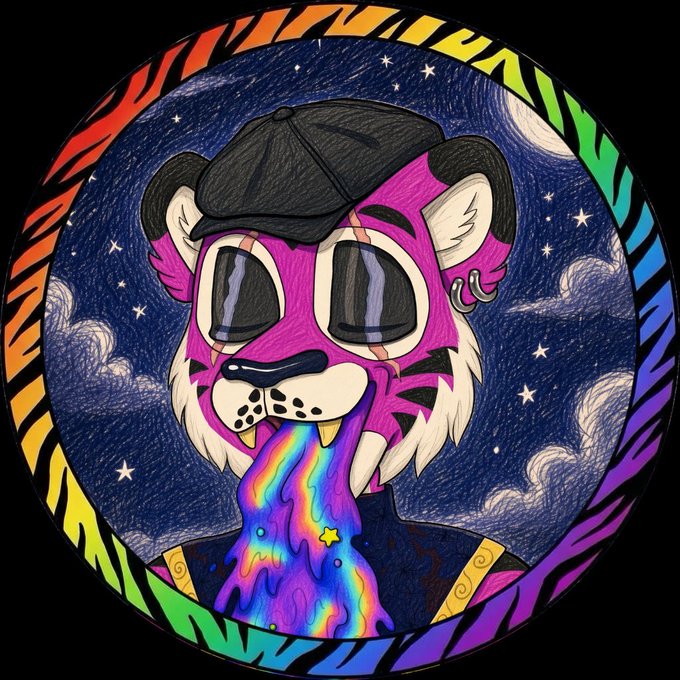 A colorful digital illustration of a pink anthropomorphic character wearing sunglasses and a cap, vomiting a rainbow against a starry night sky background.