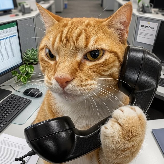A humorous close-up image of an orange tabby cat at an office desk wearing a black headset, with one paw raised as if working a call, with computer monitors and an 'OPEN CALL' sign visible in the background.