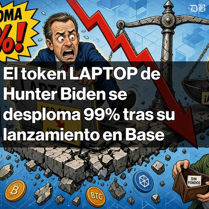 A Spanish-language meme graphic features a caricature of Hunter Biden with text stating 'El token LAPTOP de Hunter Biden se desploma 99% tras su lanzamiento en Base', depicting a crashing red arrow and broken crypto coins.