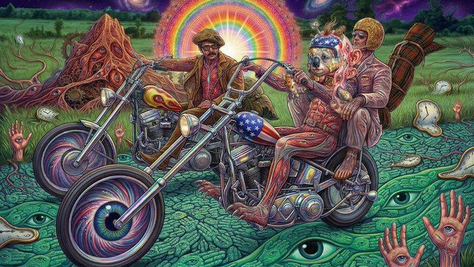 A colorful, surreal psychedelic illustration of three men on chopper motorcycles riding through a vibrant landscape with a rainbow, volcano, and patterned ground.