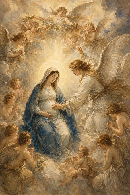 A heavenly scene depicting the Virgin Mary, adorned with a radiant halo and blue robes, cradling her child while surrounded by cherubs and angels, including a prominent angel kneeling in reverence. The celestial artwork beautifully captures the sacred bond of motherhood and divine grace, aligning with the post's tribute to the "Mother of Christ."