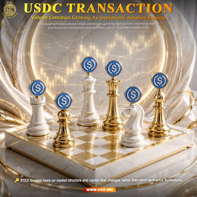 A promotional graphic from 81EX.org titled "USDC TRANSACTION: Volume Continues Growing As Institutional Adoption Expands" features a marble and gold chessboard with USDC-branded coin tops on the pieces, set against a backdrop of candlestick price charts, visually symbolizing USDC's strategic positioning and expanding role in financial markets alongside the accompanying article about rising institutional adoption of the regulated stablecoin.