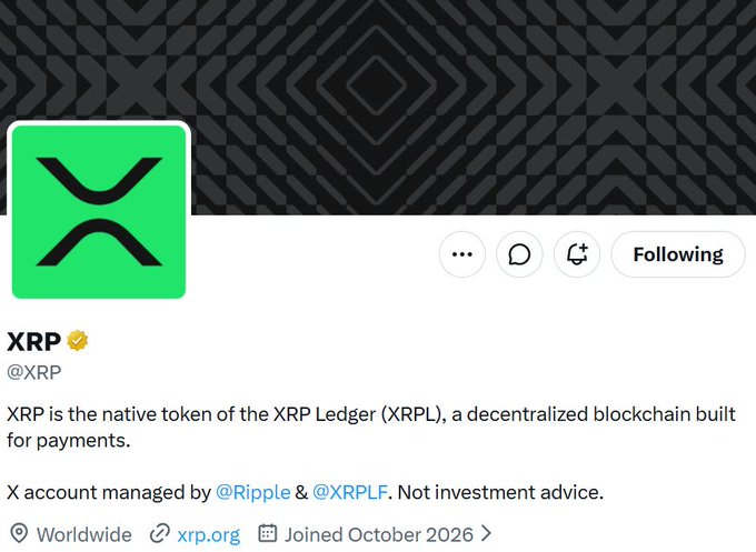 X/Twitter profile page for @XRP, with bio stating 'XRP is the native token of the XRP Ledger (XRPL), a decentralized blockchain built for payments.' Account joined October 2026.