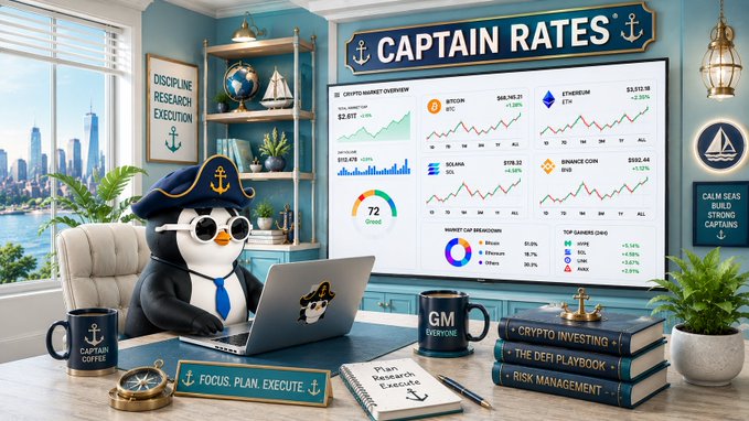A penguin wearing a captain's hat and tie sits at a desk with a laptop in front of a "CAPTAIN RATES" display board showing crypto market data including Bitcoin ($68,145.21) and Ethena ($11.24), alongside books on crypto investing and a coffee mug labeled "CAPTAIN COFFEE." The nautical-themed office matches the post's intro to a Sunday crypto rating focused on Ethena's funding and institutional backing.