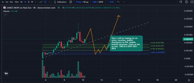 A TradingView chart of JAMES/MON on Nad.fun showing a 4-hour price analysis with a note indicating a spot buy entry, double bottom structure, and divergence on RSI.
