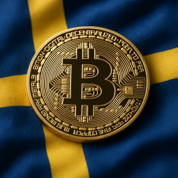 A physical Bitcoin token resting on the yellow and blue flag of Sweden.