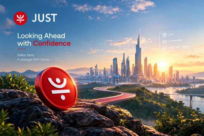 A promotional banner for 'JUST' DeFi featuring a red logo button and tagline 'Looking Ahead with Confidence', with tags for DeFi, Community, and Long-Term Value against a city skyline backdrop.