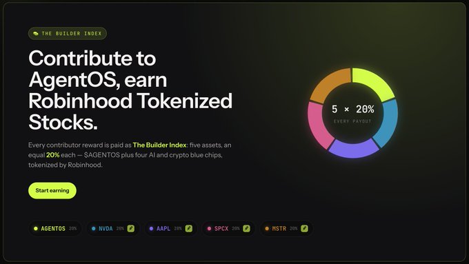 A promotional graphic for 'THE BUILDER INDEX' advertises contributing to AgentOS to earn Robinhood Tokenized Stocks, highlighting tickers AGENTOS, NVDA, AAPL, SPCX, and MSTR.